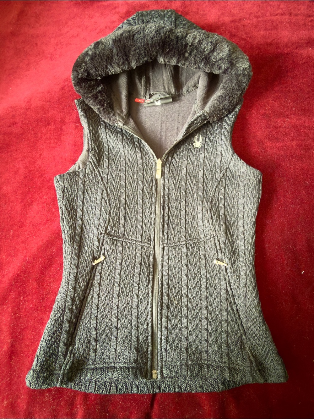 Spider Women's Hooded Cable-Knit Zip Vest - Black Sz M